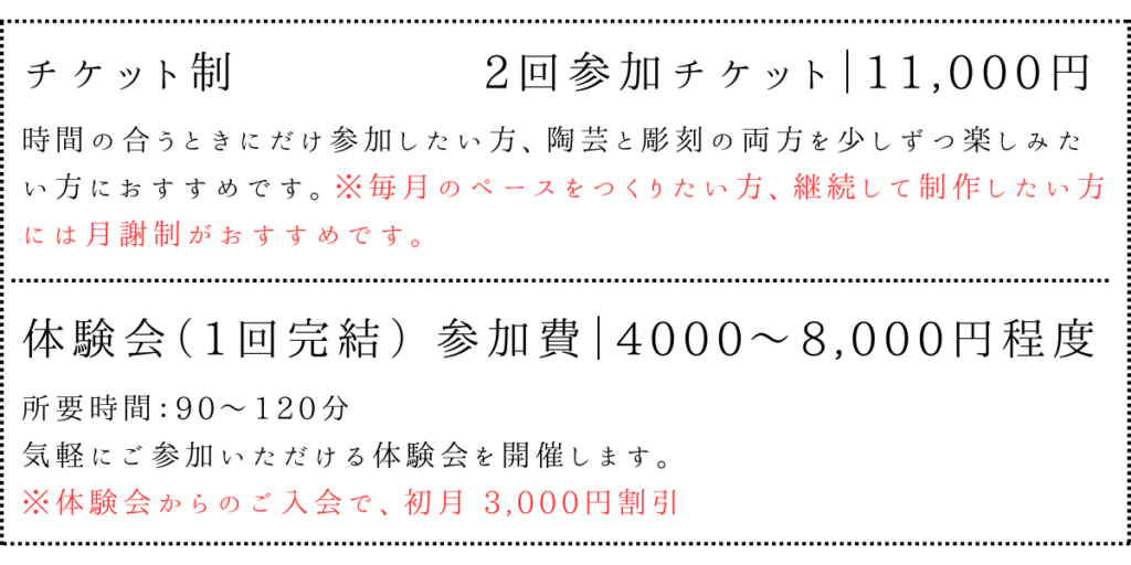 ●チケット制
（気軽に参加したい方へ）
時間の合うときにだけ参加したい方、
陶芸と彫刻を行き来したい方に
おすすめです。

2回チケット｜11,000円
（3ヶ月有効）
※ 陶芸、彫刻どちらでも利用できます

毎月のペースをつくりたい方、
継続して制作したい方には
月謝制がおすすめです。

体験会（1回完結）
気軽に参加できる体験会を開催しています。

【陶芸】器づくり・小物づくり・絵付け
【彫刻】壁掛けお地蔵さま


参加費：4000〜8,000円程度
所要時間：90〜120分

＊体験会からのご入会で、初月 3,000円割引